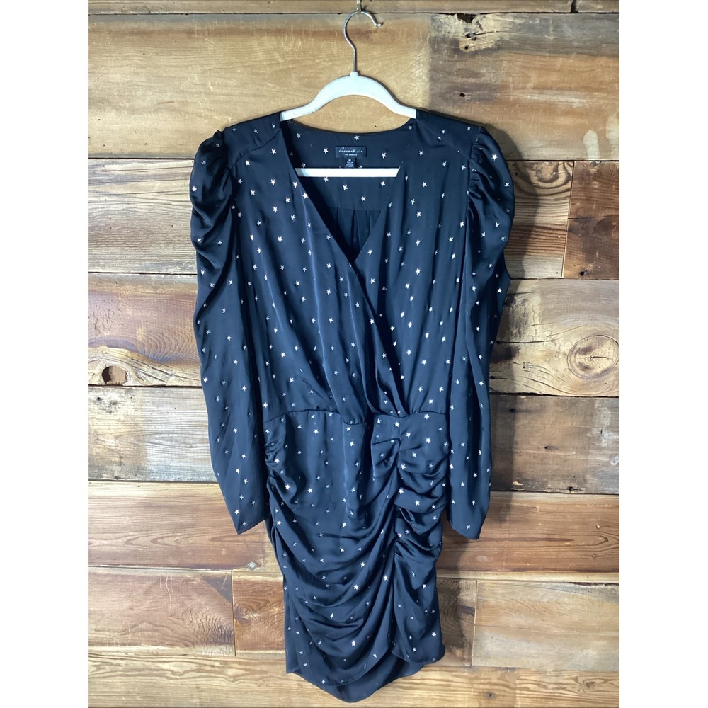 CURRENT AIR Black Dress Metallic Star Print Surplice V-Neck Long Sleeve Ruched M